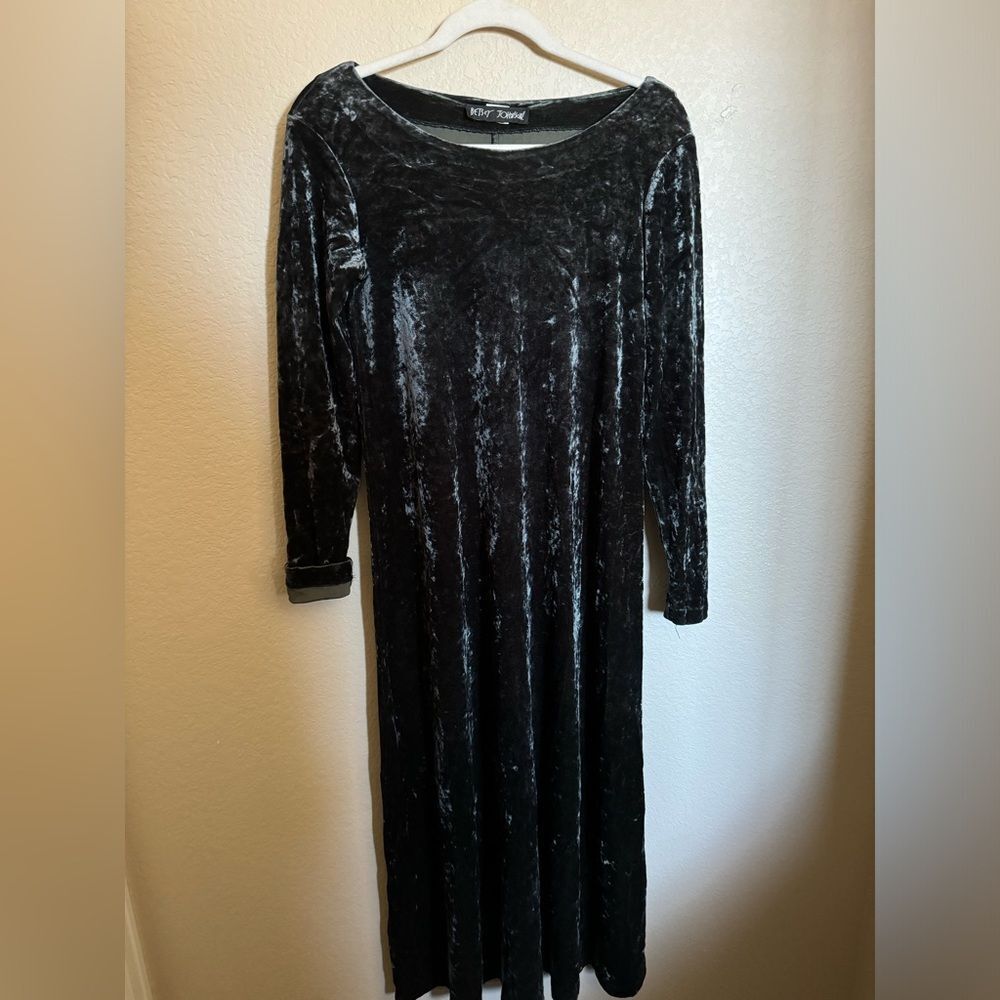 Vintage 90s Betsey Johnson Crushed Velvet Midi Dress Sz M Dark Green Boat Neck
